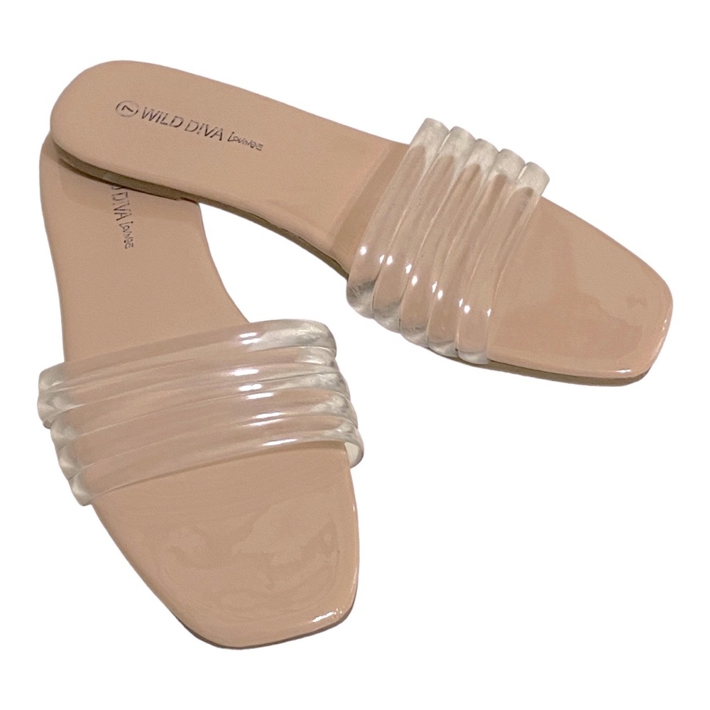 Wild Diva Lounge Tan & Clear Strap Slide Sandals